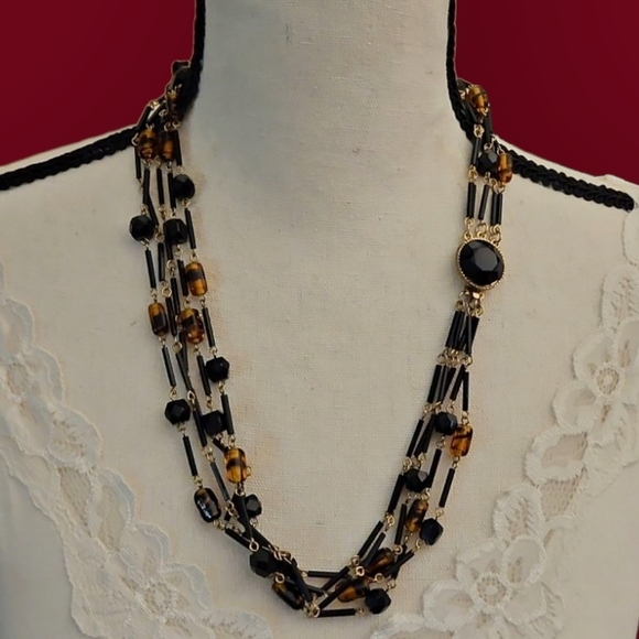 Vintage 1970s Black and Tortoise Glass Beaded Multi-strand Necklace - Picture 1 of 10